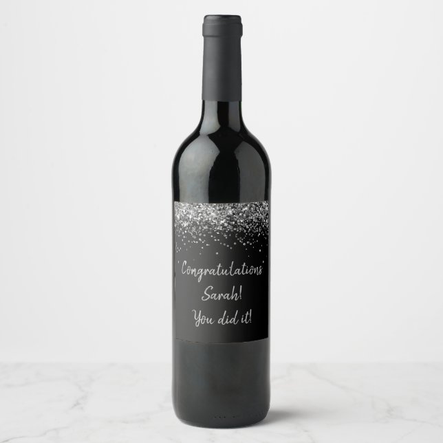 Custom Black and Silver Graduation Party Graduate Wine Label (Front)