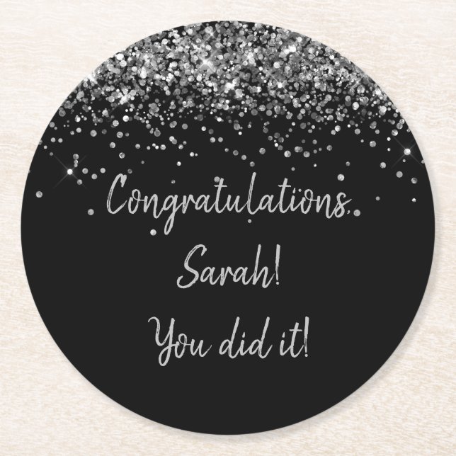 Custom Black and Silver Graduation Party Sparkle  Round Paper Coaster (Front)