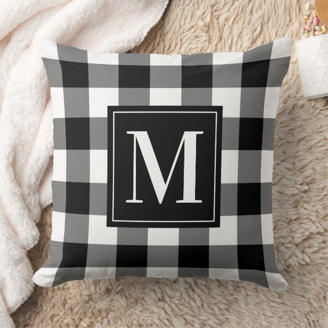 Custom Black and White Buffalo Plaid Monogram Cushion (Blanket)