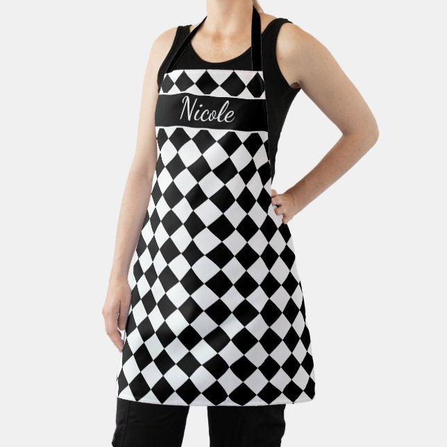Custom black and white chequered pattern kitchen apron (Insitu)