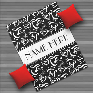 Custom Black And White Clef Hearts Music Notes Fleece Blanket