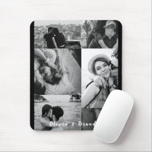 Custom Black and White Couple Photo Collage Names Mouse Mat