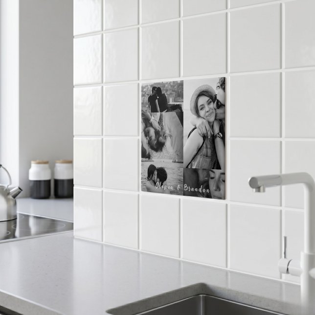 Custom Black and White Couple Photo Collage Names Tile (Creator Uploaded)