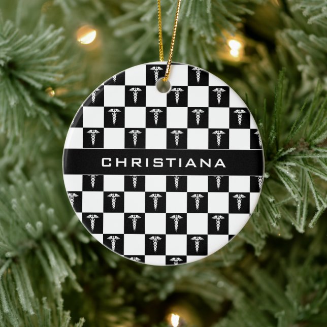 Custom Black and White Medical Symbol Caduceus  Ceramic Tree Decoration (Tree)