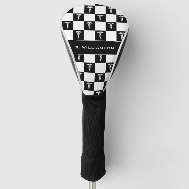 Custom Black and White Medical Symbol Caduceus Golf Head Cover (Front)