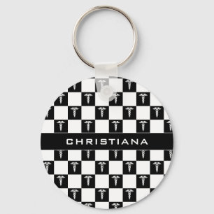 Custom Black and White Medical Symbol Caduceus Key Ring