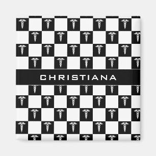 Custom Black and White Medical Symbol Caduceus Magnet