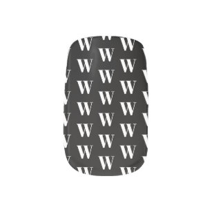 Custom black and white monogram pattern minx nail art