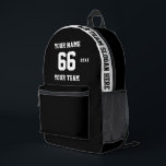 Custom black and white Name, Number, Team Sport Printed Backpack<br><div class="desc">Create your own custom black and white Sport Football Style Printed Backpack with Name, Number, Team Name, Slogan and Year. Personalise this simple classic Printed Backpack template with your custom message, name, team name and year. Easily personalise it for a cool sport keepsake. Create your unique personalised gift for coach,...</div>