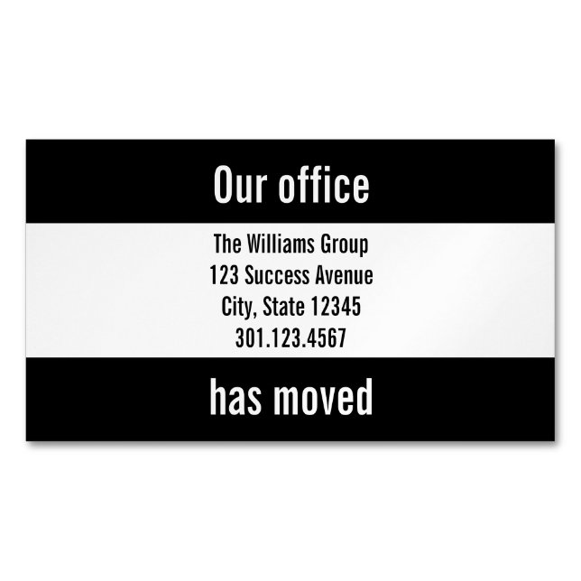 Custom Black and White Office Moving Announcement Magnetic Business Card (Front)