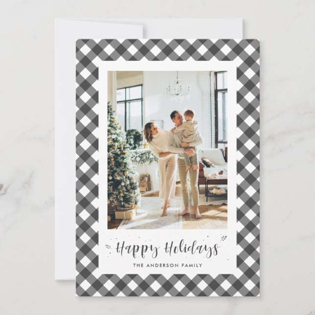 Custom Black and White Plaid Photo Holiday Cards (Front)