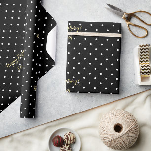 Custom Black and White Polka Dot Faux Gold Script Wrapping Paper
