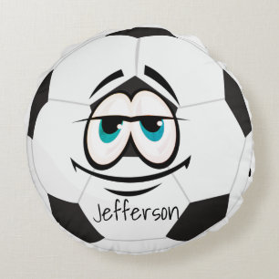  Custom Black and white soccer ball funny face. Round Cushion