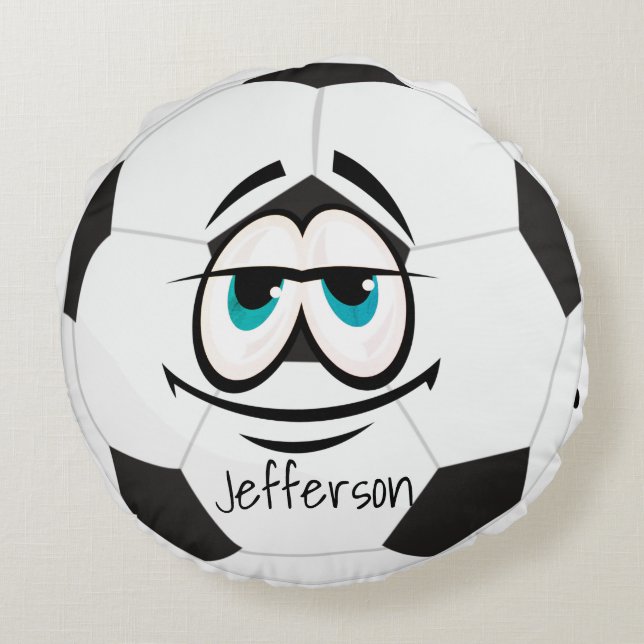  Custom Black and white soccer ball funny face. Round Cushion (Back)