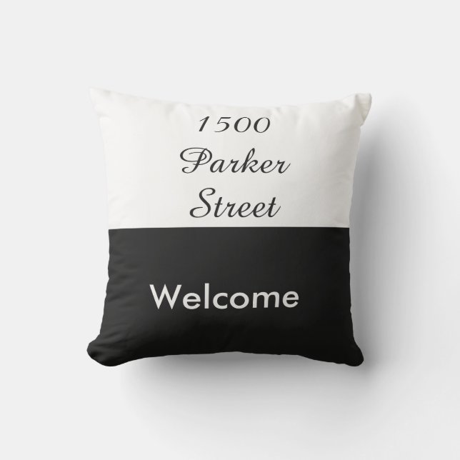 Custom Black and White Street Address Welcome Outdoor Cushion (Front)