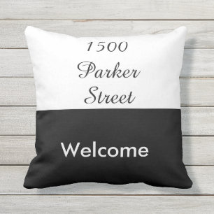 Custom Black and White Street Address Welcome Outdoor Cushion