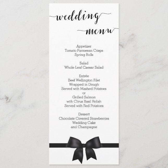 Custom Black And White Wedding Menu With Bow (Front)