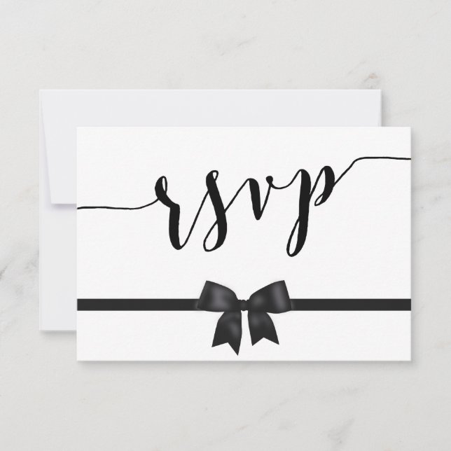 Custom Black And White Wedding RSVP Cards With Bow (Front)