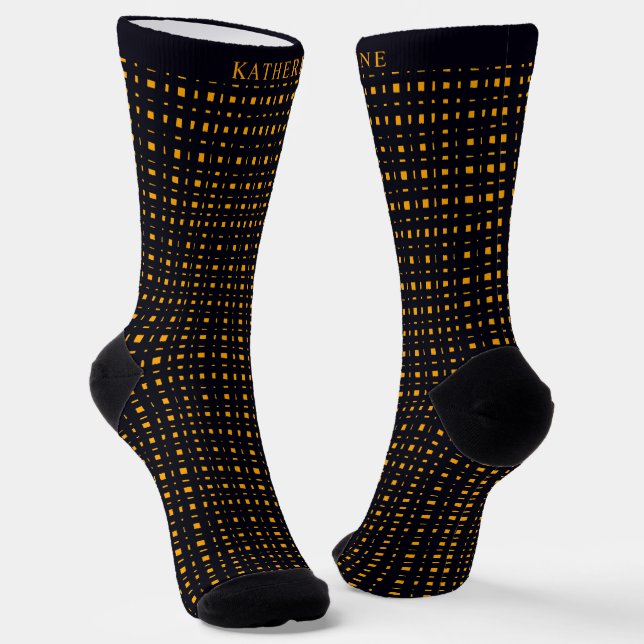 Custom Black and Yellow Orange Checkered Pattern Socks (Angled)