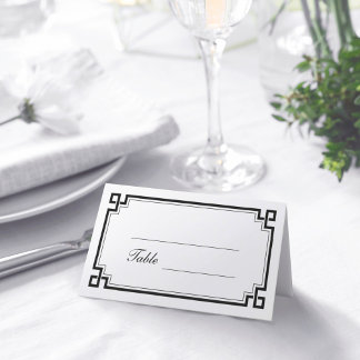 Custom Black Art Deco Border White Wedding Names Place Card