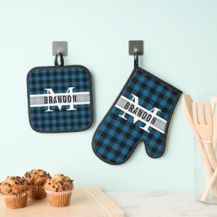 Custom Black Blue Buffalo Lumberjack Plaid Pattern Oven Mitt & Pot Holder Set