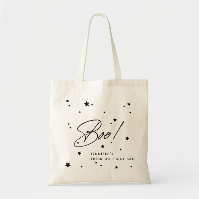 Custom Black Boo! Scattered Stars Halloween Treats Tote Bag (Front)