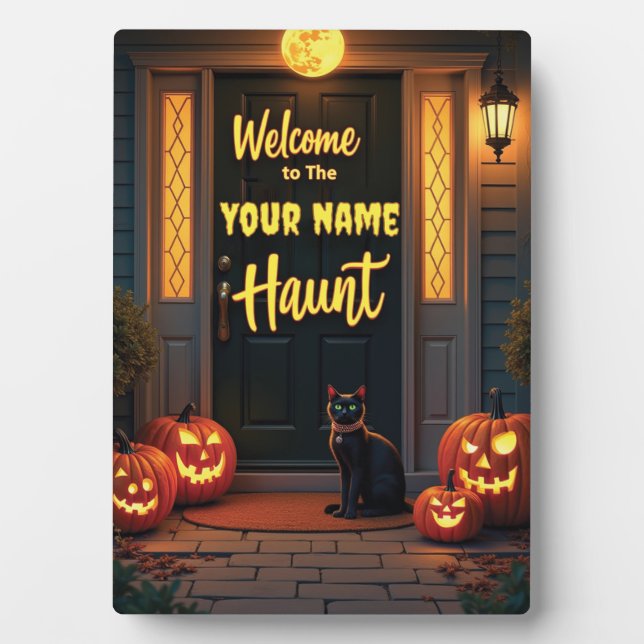 Custom Black Cat & Full Moon Halloween Plaque (Front)