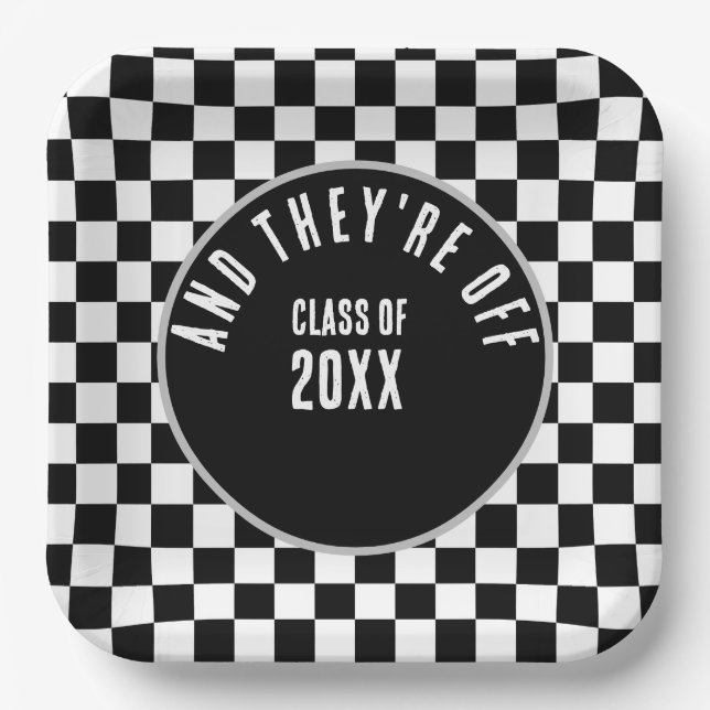 Custom Black Chequered Graduation Party Paper Plate (Front)