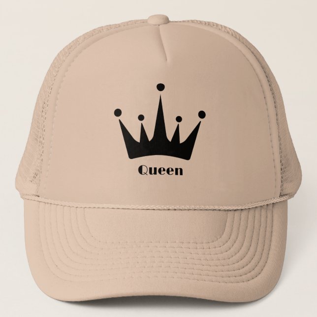 Custom Black Crown Image Queen Text Khaki Colour  Trucker Hat (Front)