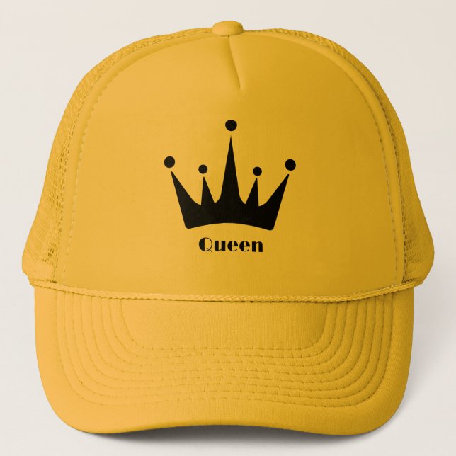 Custom Black Crown Image Queen Text Yellow Colour  Trucker Hat (Front)