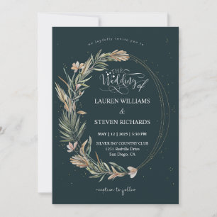 Custom Black Dark Blue Garden Wreath & Rings Invitation