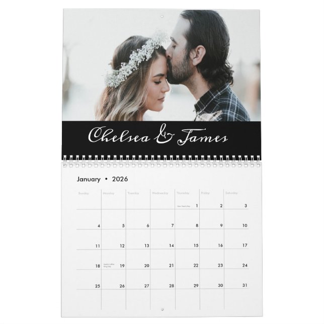 Custom Black Elegant Calligraphy Couple Photo  Calendar (Jan 2026)