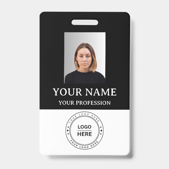 Custom black Employee Badge with Photo, Logo, QR ID Badge (Front)