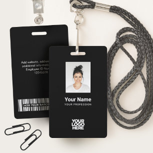 Custom Black Employee Photo, Bar Code, Logo, Name ID Badge