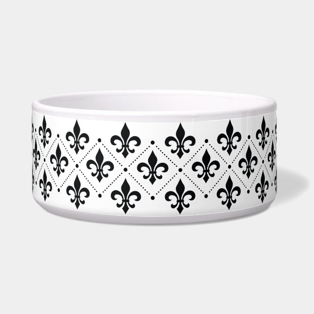 Custom Black Fleur de Lis Dog Cat Pet Bowl (Front)