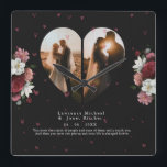 Custom Black Floral couple valentine's Day gifts Square Wall Clock<br><div class="desc">Minimalist personalized "heart Shaped collage" canvas printable contains 2 big photos of artwork. DESIGN TIPS: Customize further to alter text size or font. To order without text,  you can also delete the text and the Love Message</div>