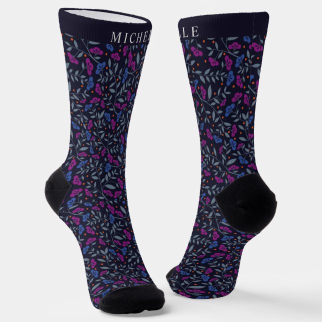 Custom Black Floral Dark Purple Blue Flowers Socks (Angled)
