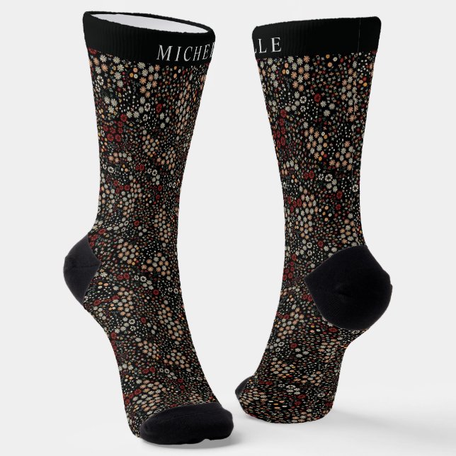 Custom Black Floral Red White Yellow Flowers Socks (Angled)
