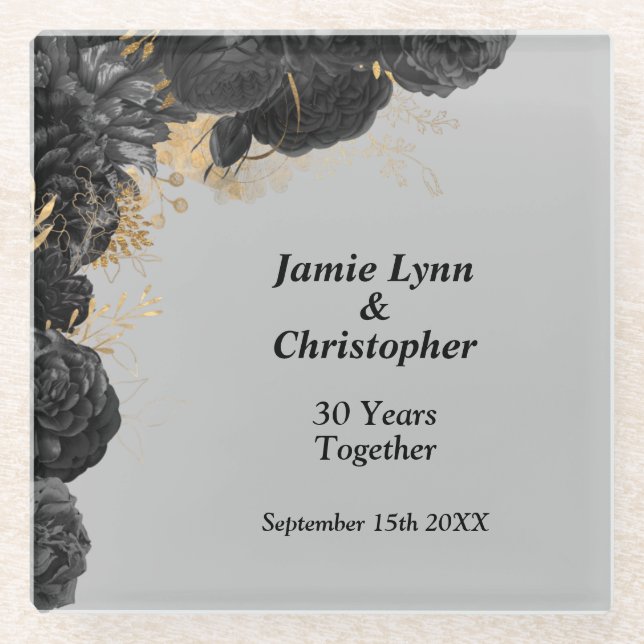 Custom Black Floral Wedding Anniversary Glass Coaster (Front)