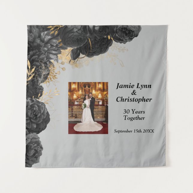 Custom Black Floral Wedding Anniversary Tapestry (Front)