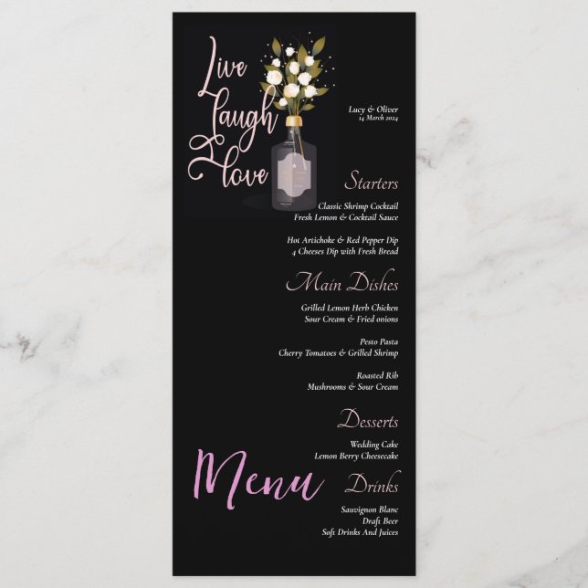 Custom Black Floral Wedding Menu with Quote (Front)