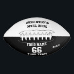 Custom black Football with Name, Number, Team American Football<br><div class="desc">Create your own custom black white Football with Name, Number, Team Name, Slogan and Year. Personalise this simple classic football template with your custom message, name, team name and year. Easily personalise it for a cool sport keepsake. Create your unique personalised gift for coach, boy's birthday, football player, teammates and...</div>