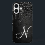 Custom Black Glitter Sparkle Monogram iPhone 16 Case<br><div class="desc">Easily personalise this trendy elegant phone case design featuring pretty black sparkling glitter on a black brushed metallic background.</div>