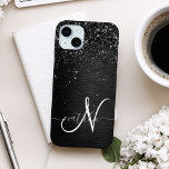 Custom Black Glitter Sparkle Monogram iPhone 15 Mini Case<br><div class="desc">Easily personalise this trendy elegant phone case design featuring pretty black sparkling glitter on a black brushed metallic background.</div>