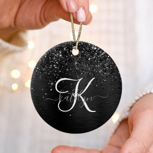 Custom Black Glitter Sparkle Monogram Ceramic Tree Decoration