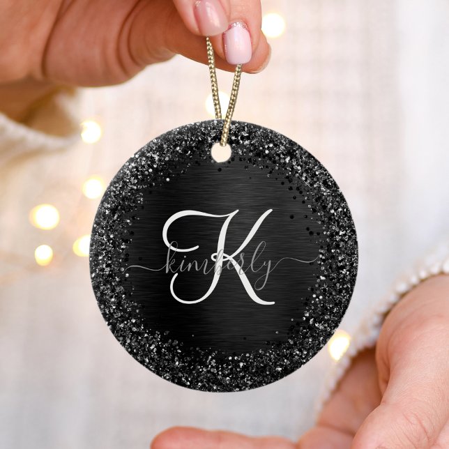 Custom Black Glitter Sparkle Monogram Ceramic Tree Decoration (Creator Uploaded)