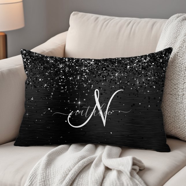 Custom Black Glitter Sparkle Monogram Decorative Cushion (Creator Uploaded)
