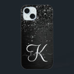 Custom Black Glitter Sparkle Monogram iPhone 15 Case<br><div class="desc">Easily personalise this trendy elegant phone case design featuring pretty black sparkling glitter on a black brushed metallic background.</div>