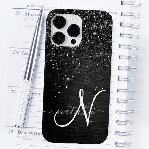 Custom Black Glitter Sparkle Monogram iPhone 14 Pro Max Case