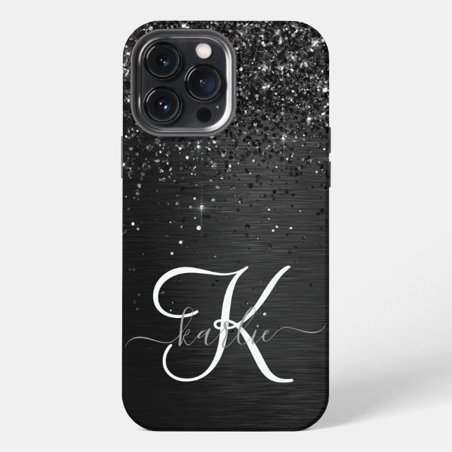Custom Black Glitter Sparkle Monogram iPhone Case (Back)
